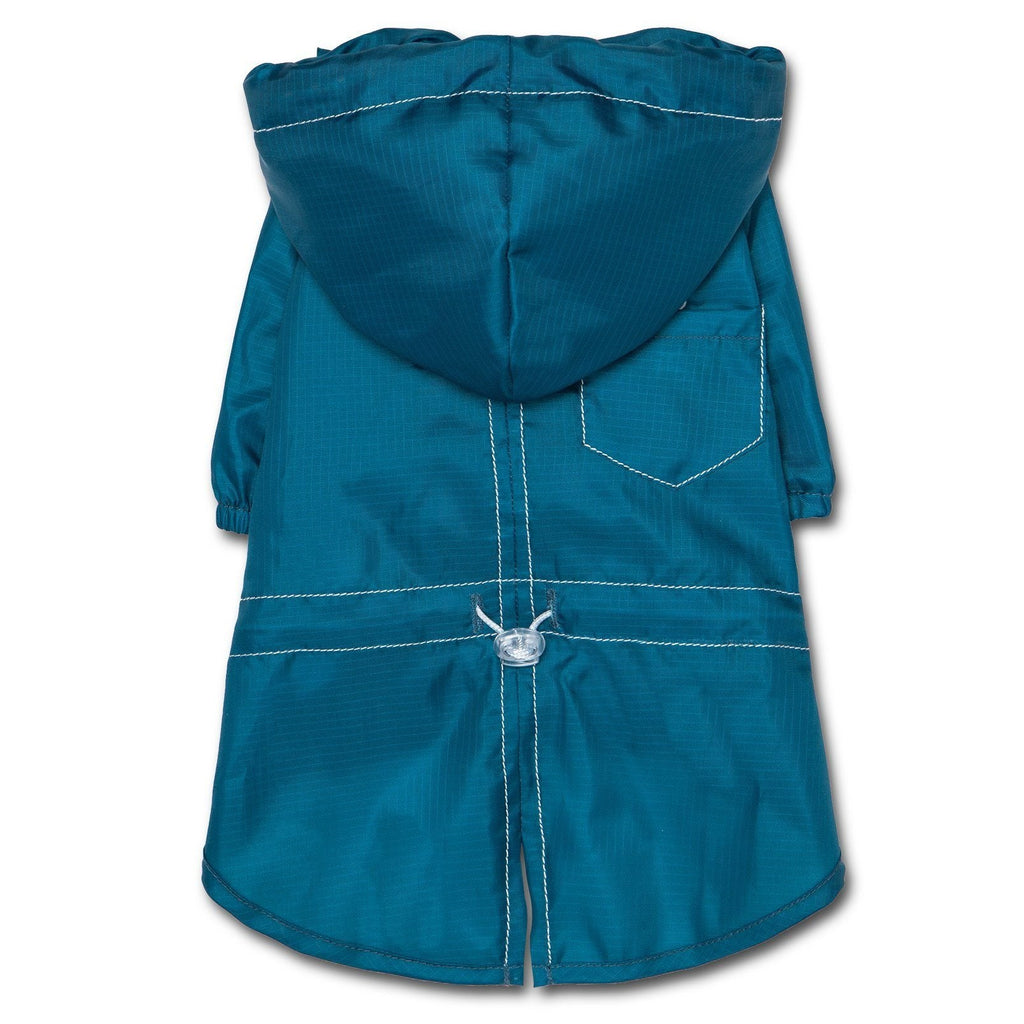 Blue waterproof dog raincoat, rear view with hood, pocket, and split vent