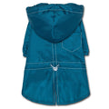 Blue waterproof dog raincoat, rear view with hood, pocket, and split vent