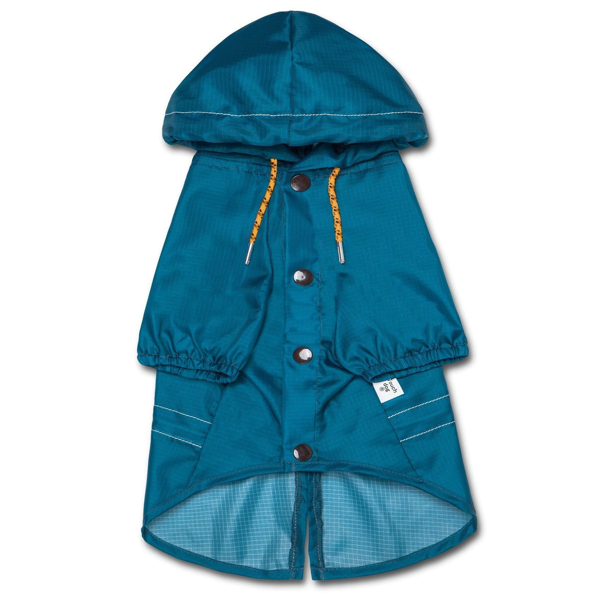 Blue dog raincoat, front view with hood, button closure, drawstrings, and checked lining