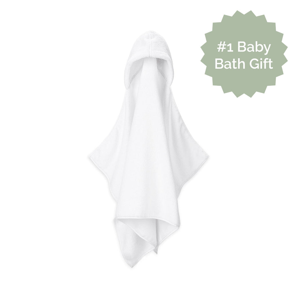 White hooded bath towel with attached hood