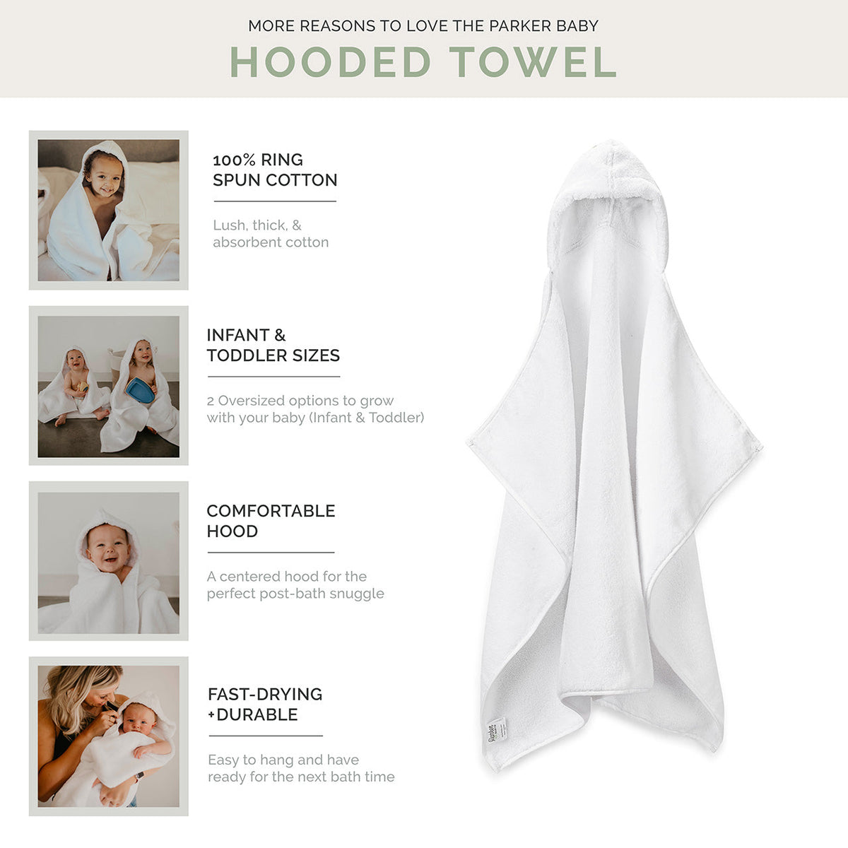 White hooded bath towel folded with full hood opening