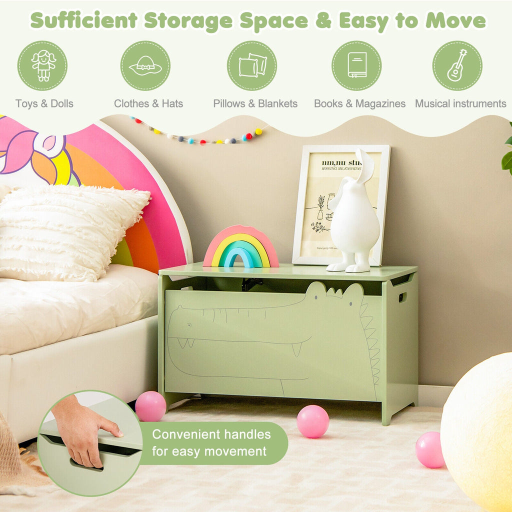 Green wooden kids toy box with safety hinge and front handles, lid open.