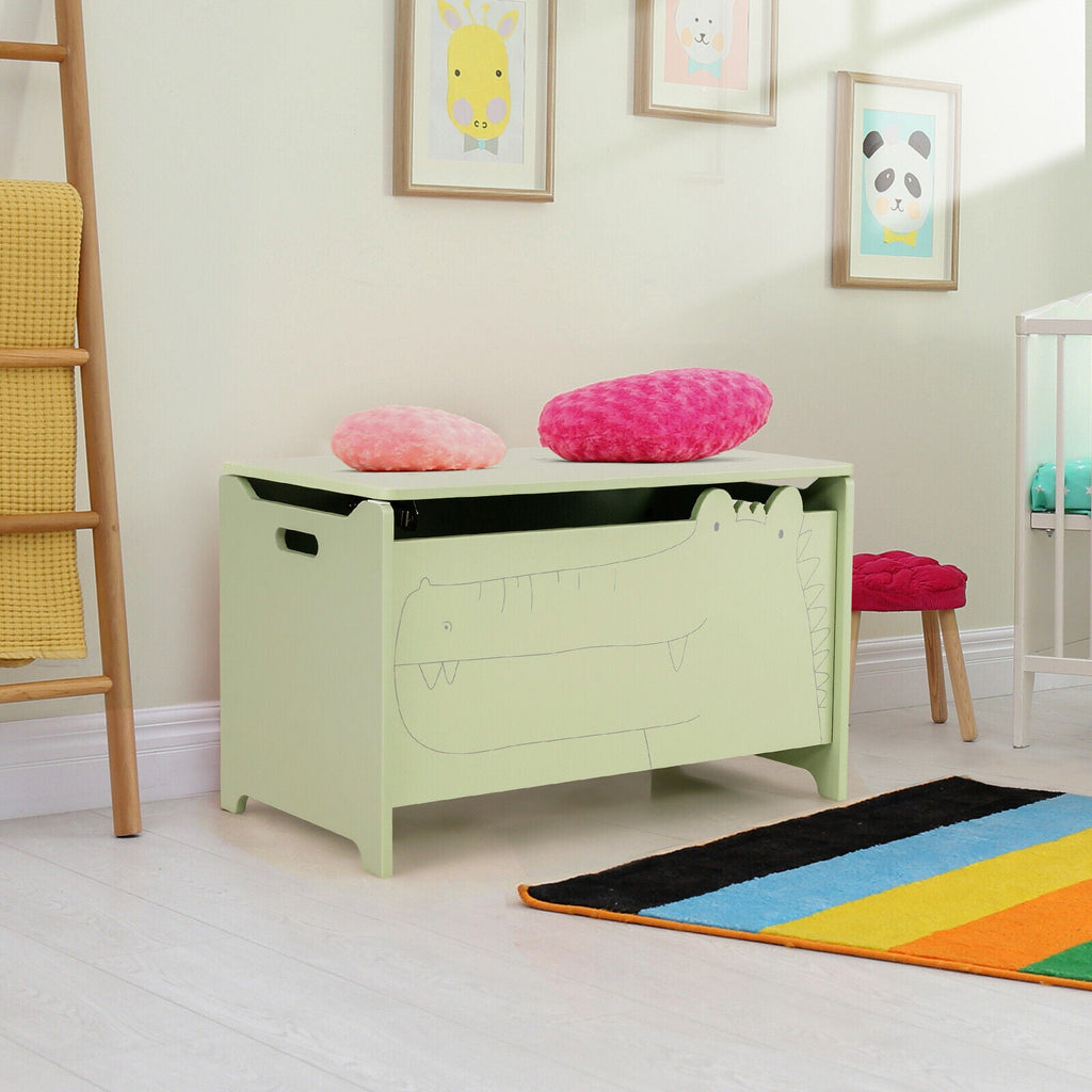 Green wooden kids toy box with safety hinge, lid open, front animal graphic.