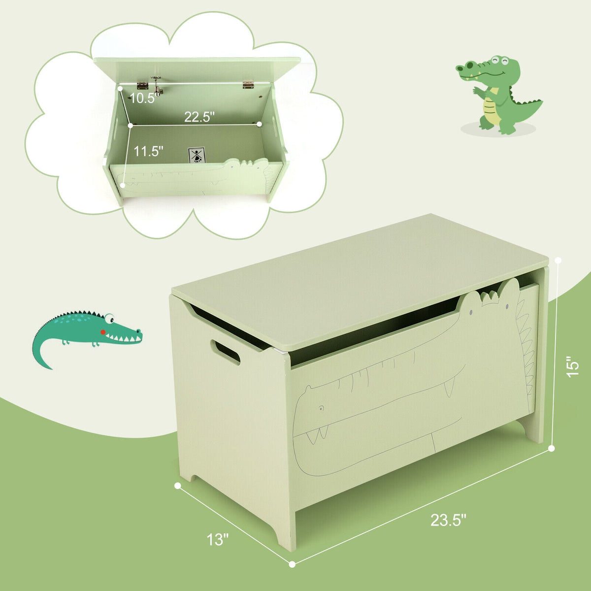 Green wooden kids toy box with safety hinge, lid open to reveal storage interior.