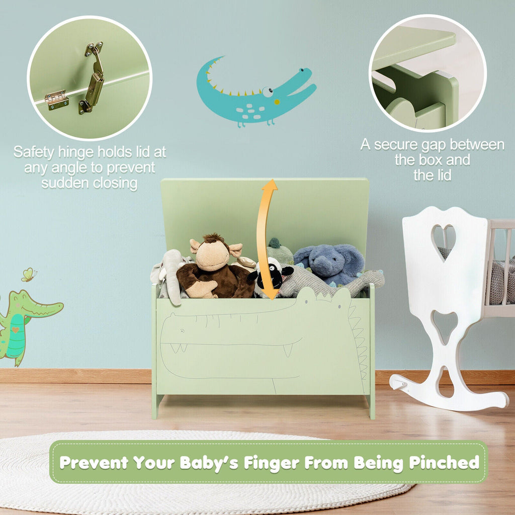 Green wooden kids toy box with safety hinge, lid held open to prevent sudden closing.