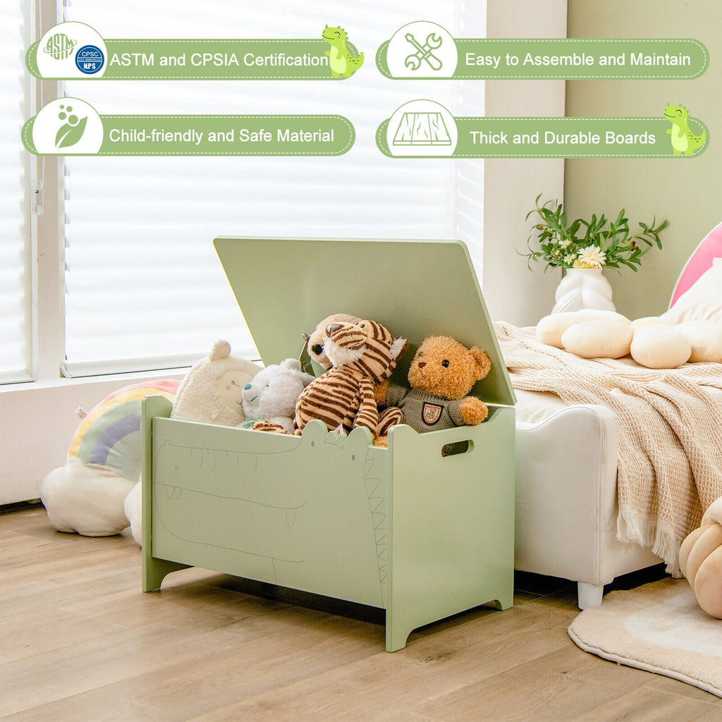 Green wooden kids toy box with safety hinge, lid open with stuffed animals inside.