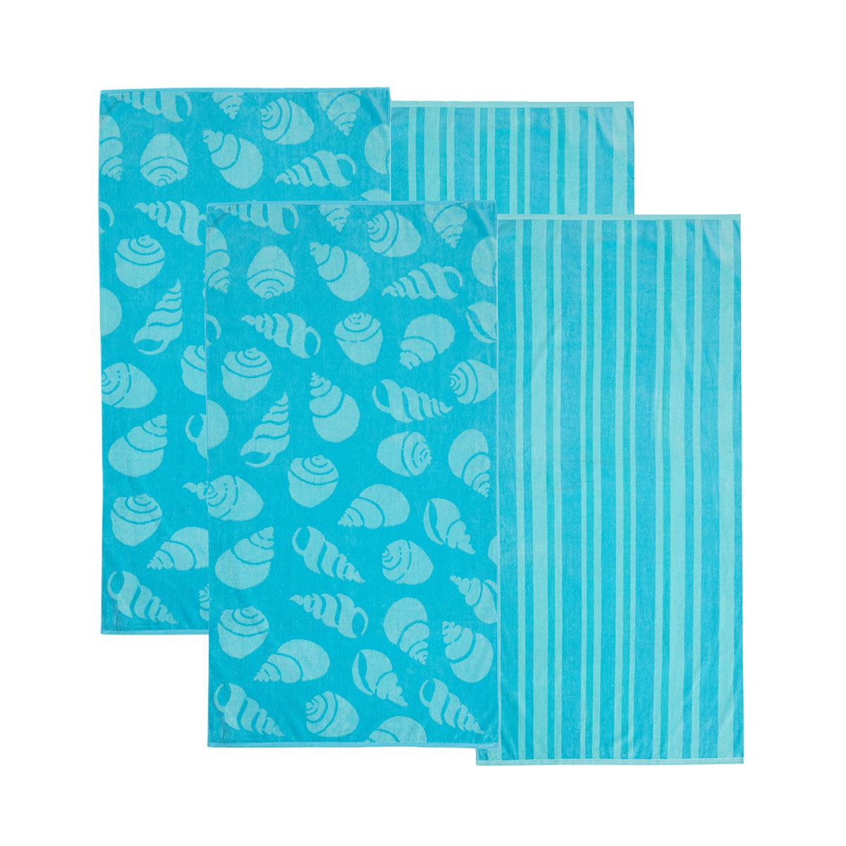 Set of blue cotton velour towels, one sea-life print and one vertical stripe