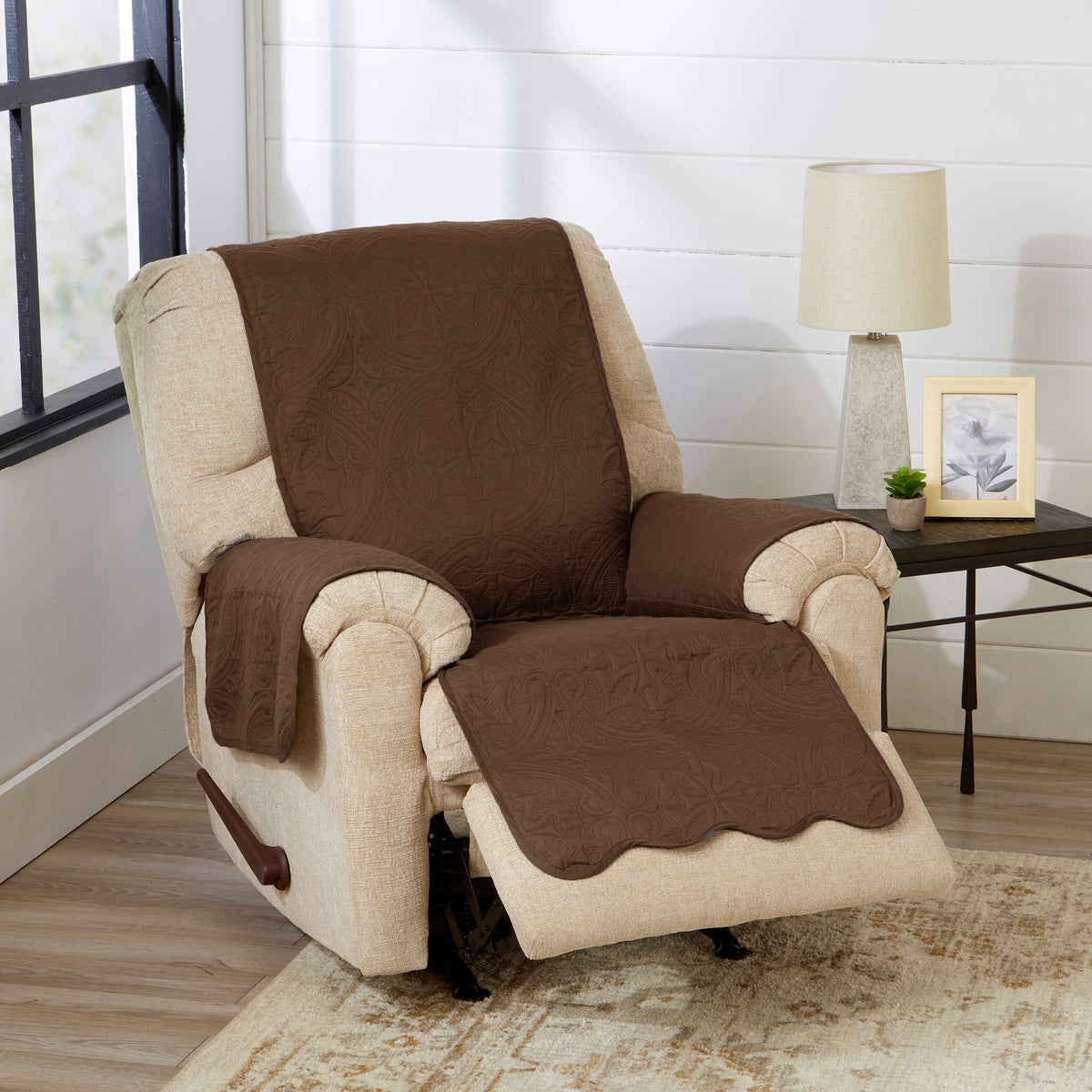 Brown recliner protector set with beige side panels and quilted medallion texture