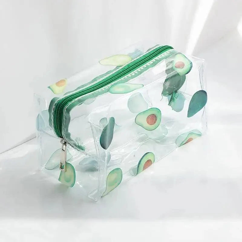 Transparent pencil case with green leaf print and green zipper