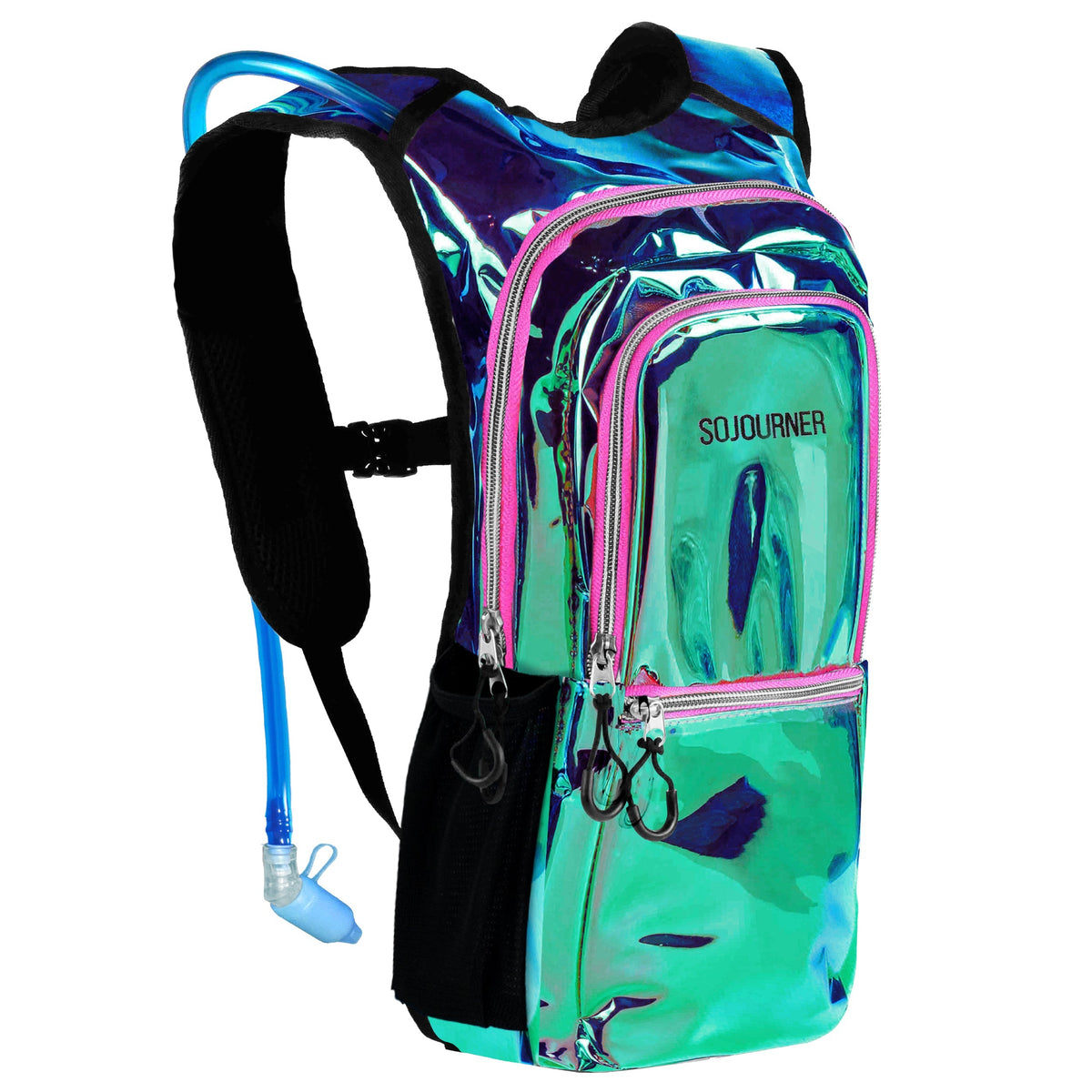 Medium holographic hydration pack backpack with teal, blue, and pink iridescent panels
