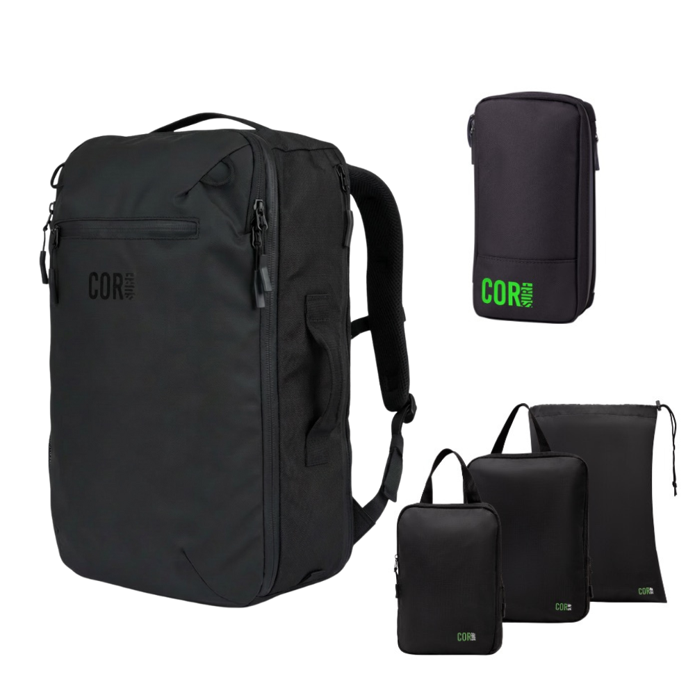 Black travel backpack set with packing cubes and green-trim zipper