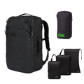 Black travel backpack set with packing cubes and green-trim zipper