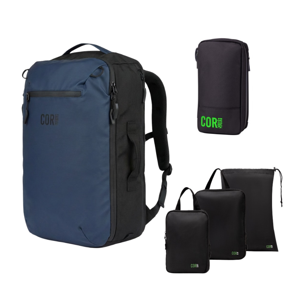 Blue travel backpack set with black packing pouches and slim organizer, green accents