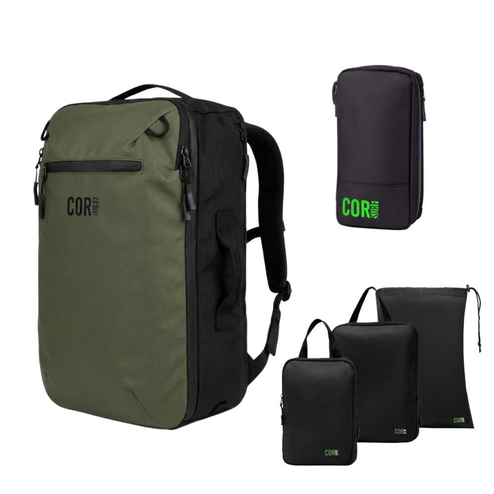 Green travel backpack set with packing cubes and black trims