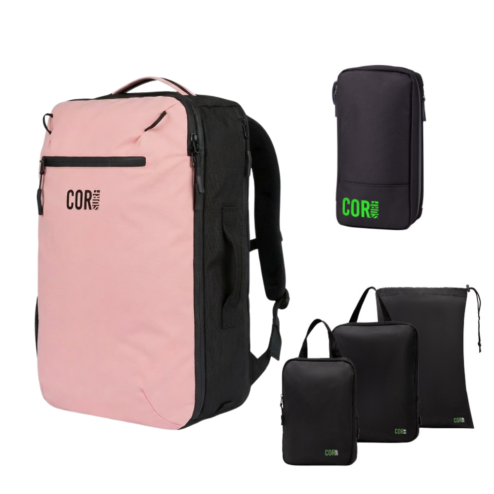 Pink travel backpack set with black packing pouches and slim organizer, green logo