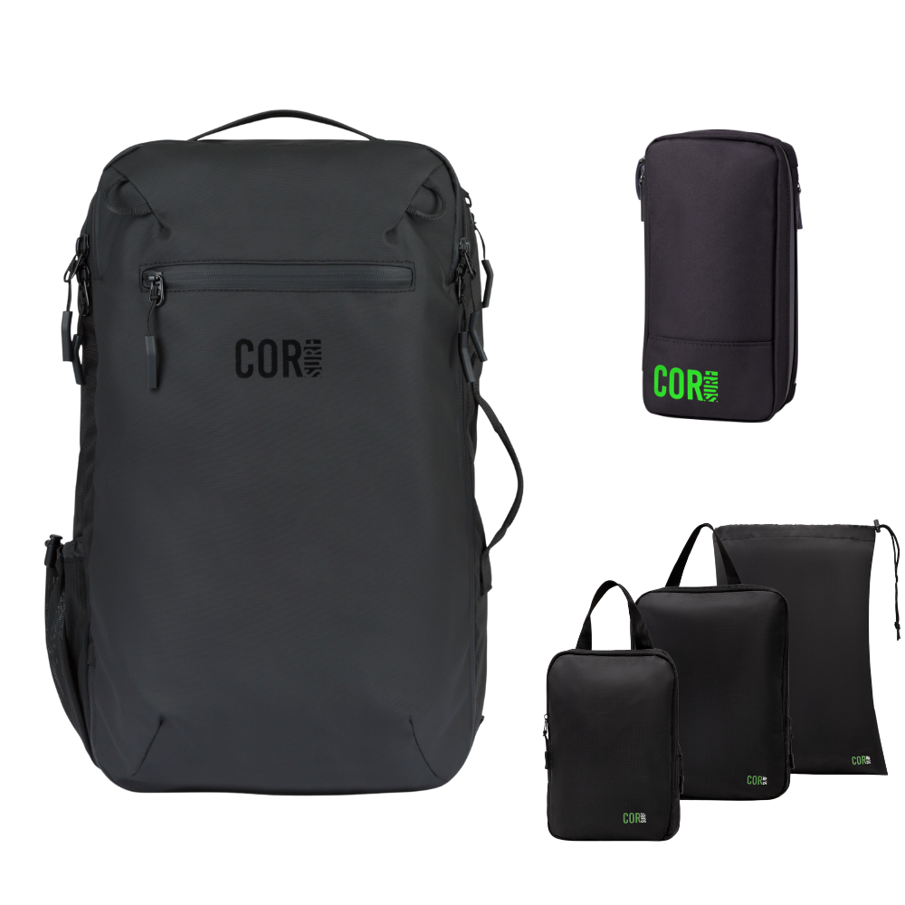 Black travel backpack set with black packing pouches and slim organizer, green logo