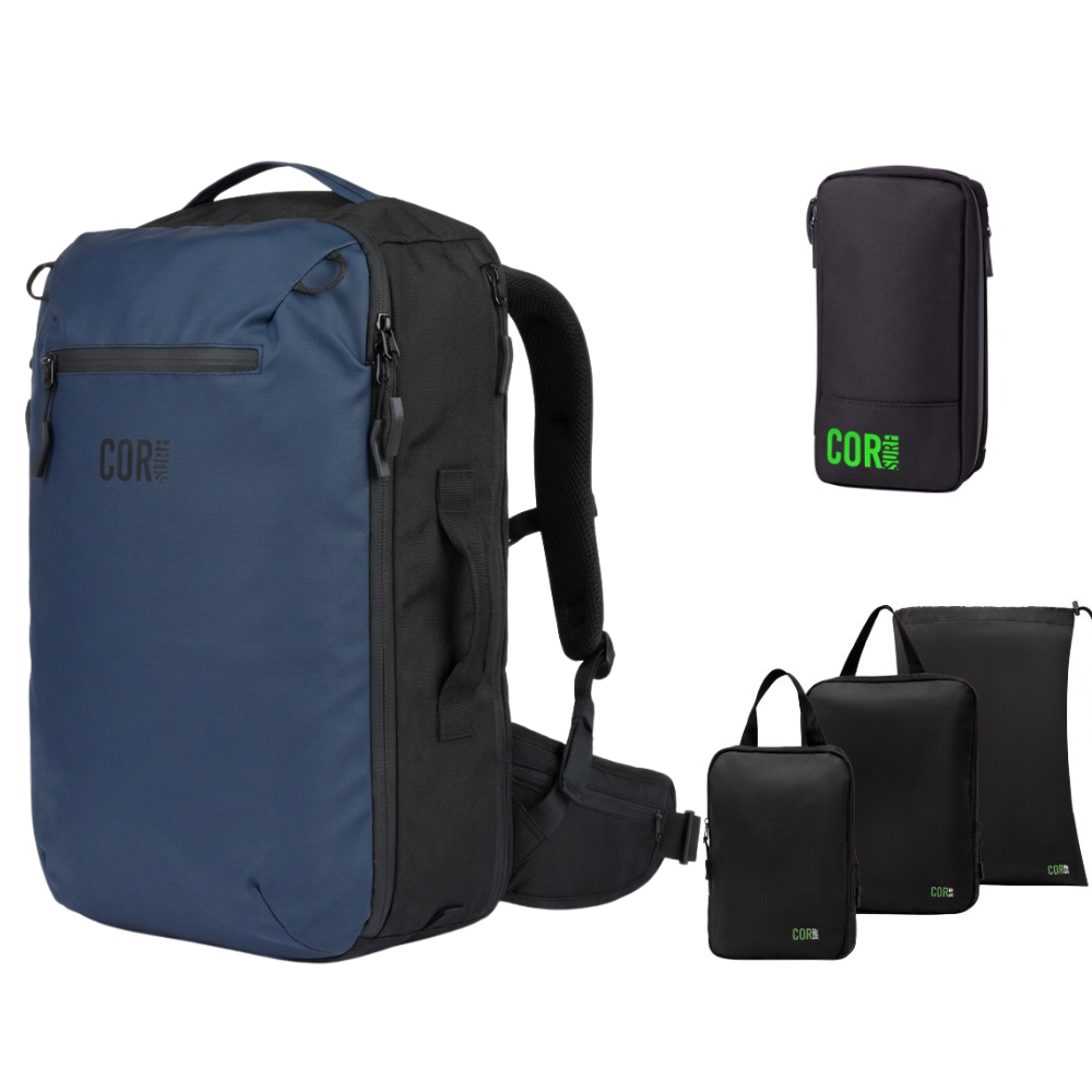 Blue travel backpack set with black packing pouches and slim organizer, green logo