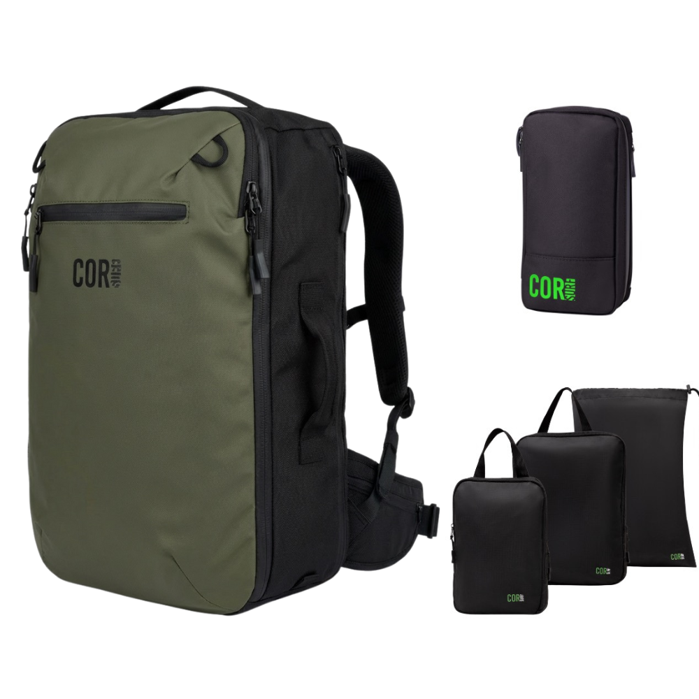 Olive green travel backpack set with black packing pouches and slim organizer, green logo