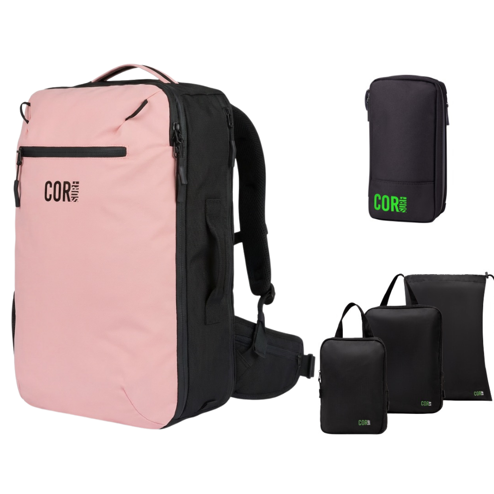 Pink travel backpack set with black packing pouches and slim organizer, green logo
