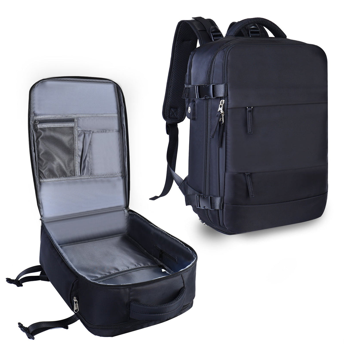 Travel backpack in dark navy/black with front zipper pockets and adjustable shoulder straps