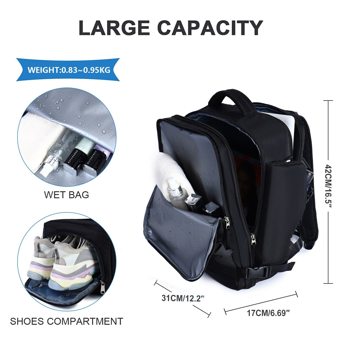Large travel backpack with side compartments and open interior storage sections