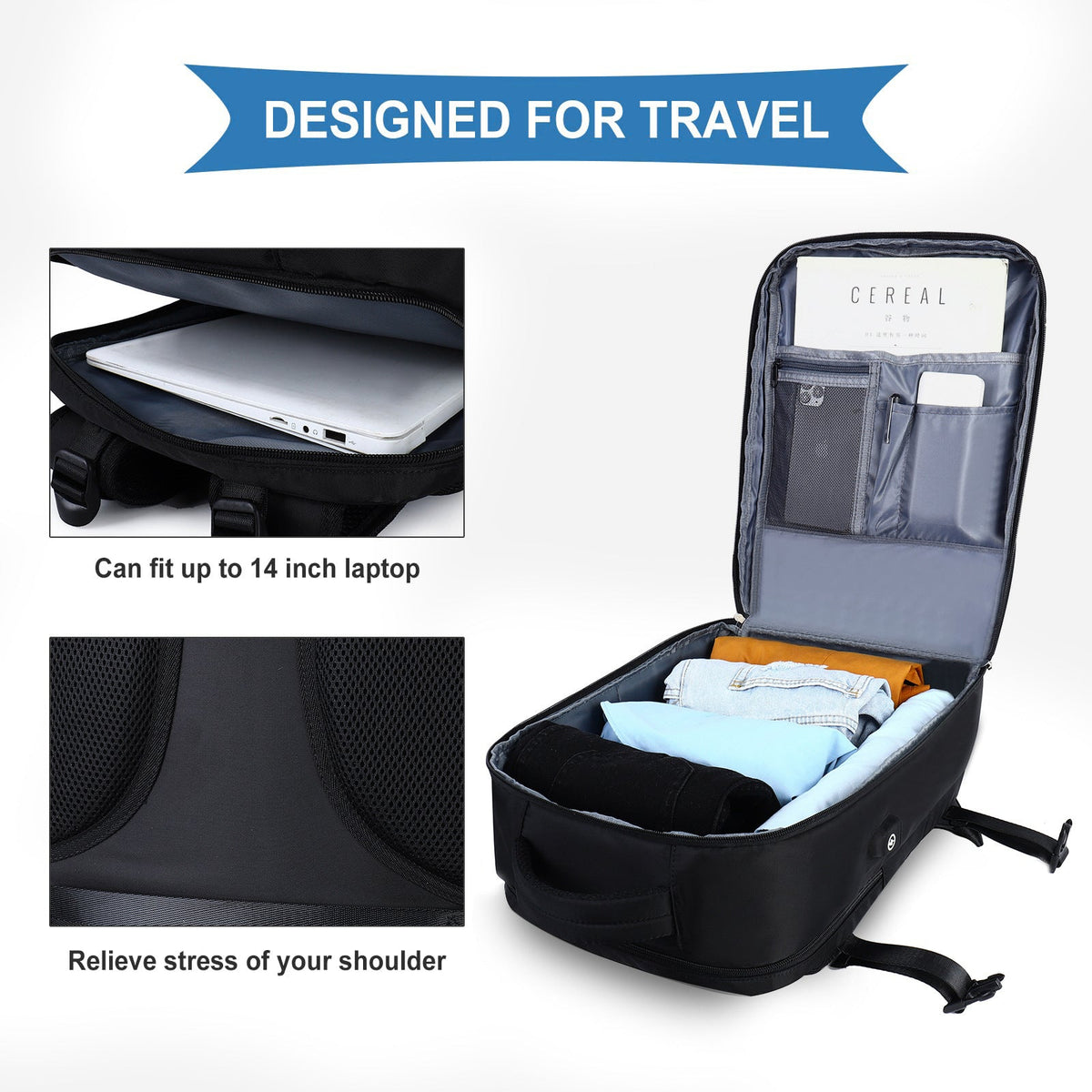 Travel backpack with top open lid, padded interior for a laptop and clothes
