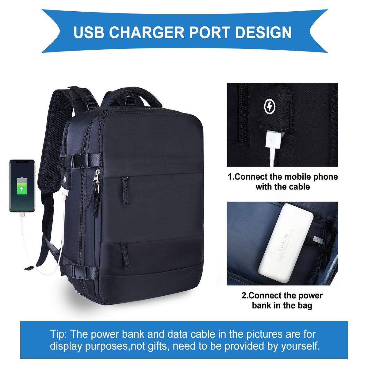 Travel backpack with USB charging port detail and zippered front panel