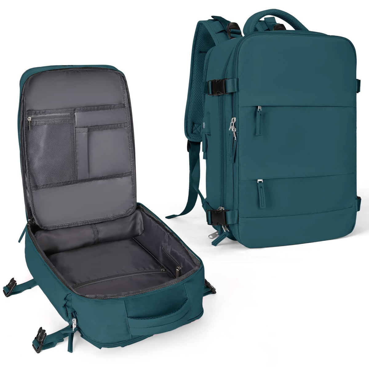 Teal travel backpack with open organizer panel and zip pockets on the front