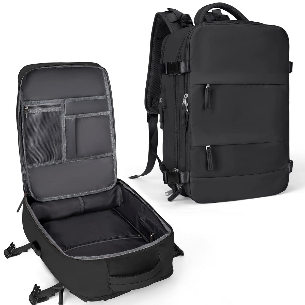 Black travel backpack with open top compartment and multiple interior storage sections