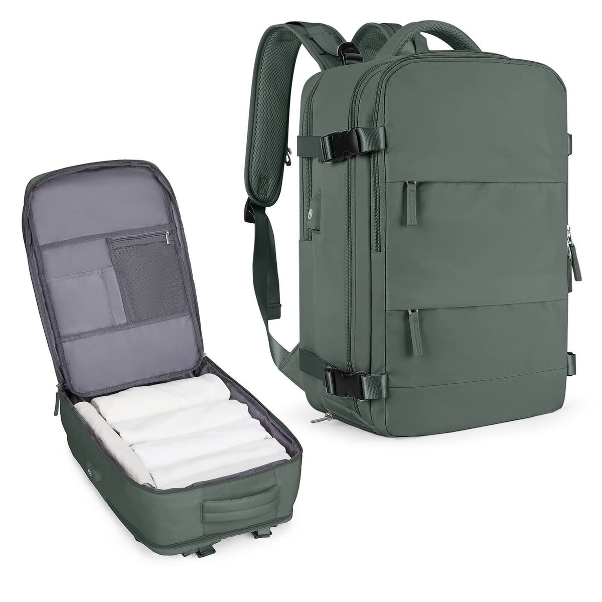 Olive green travel backpack with open organizer panel and padded interior
