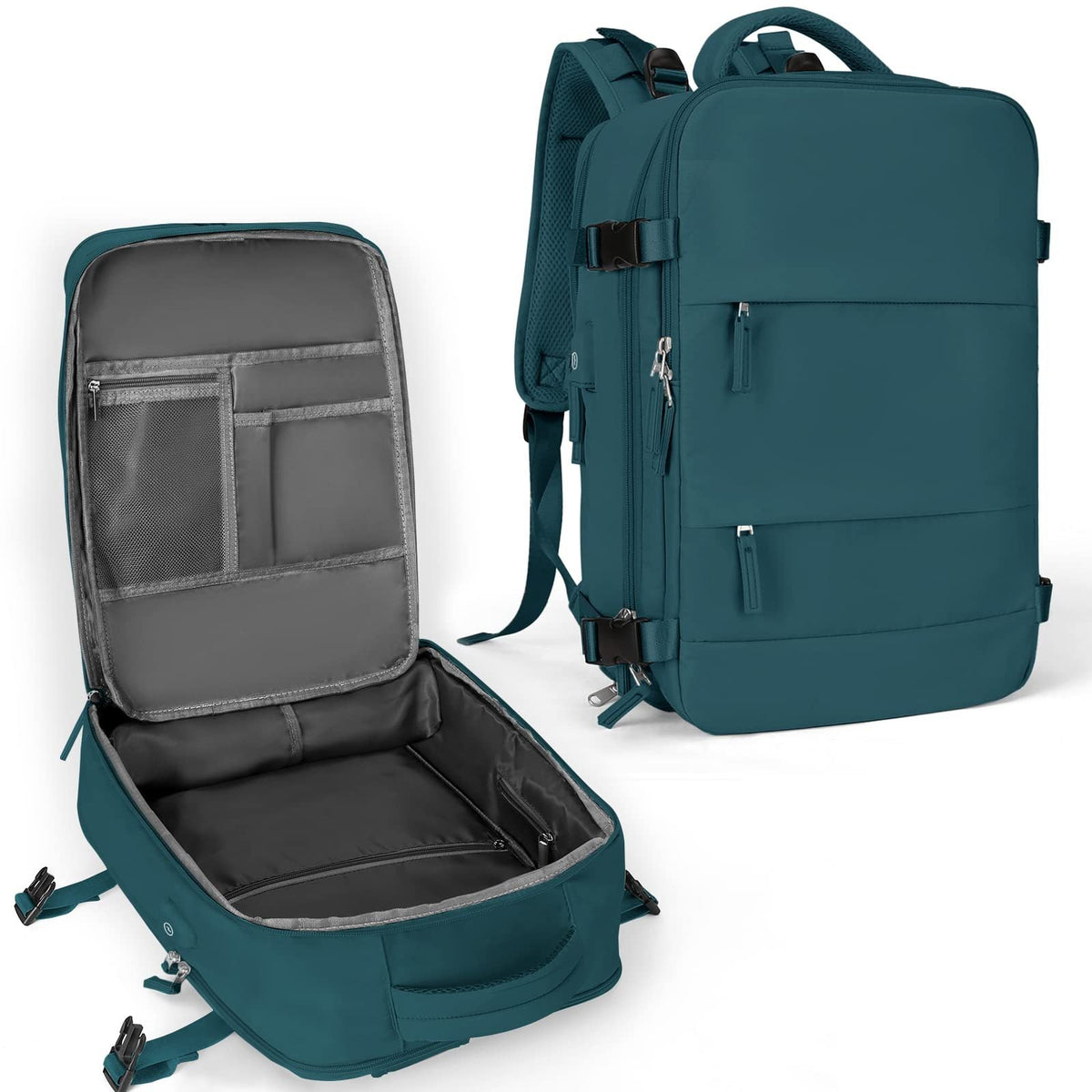 Teal travel backpack with open top compartment showing interior pockets