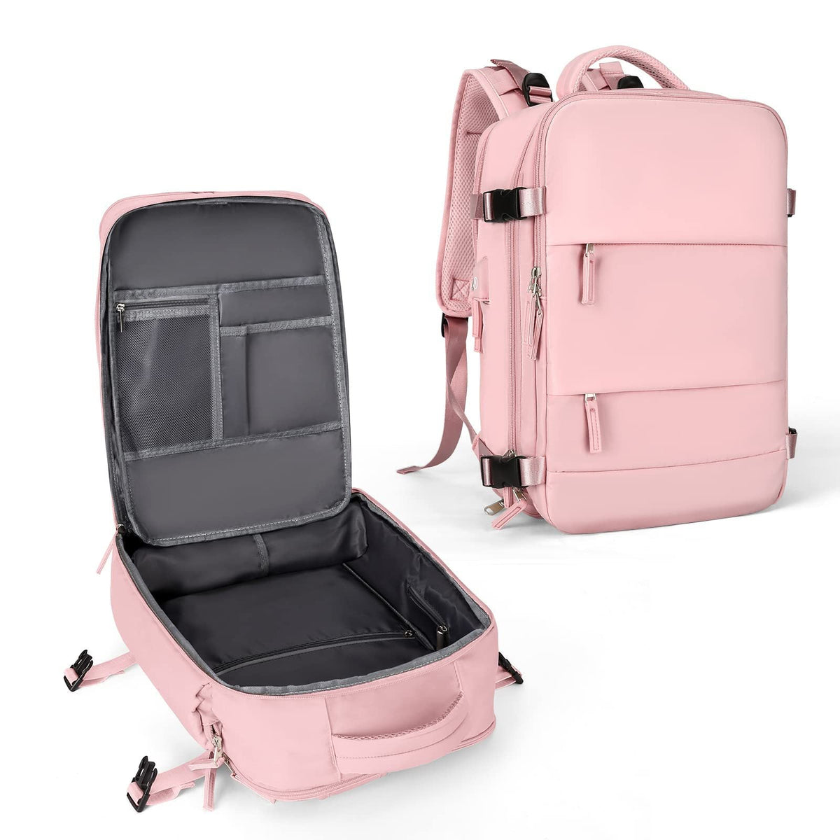 Pink travel backpack with open top compartment and zippered interior pockets