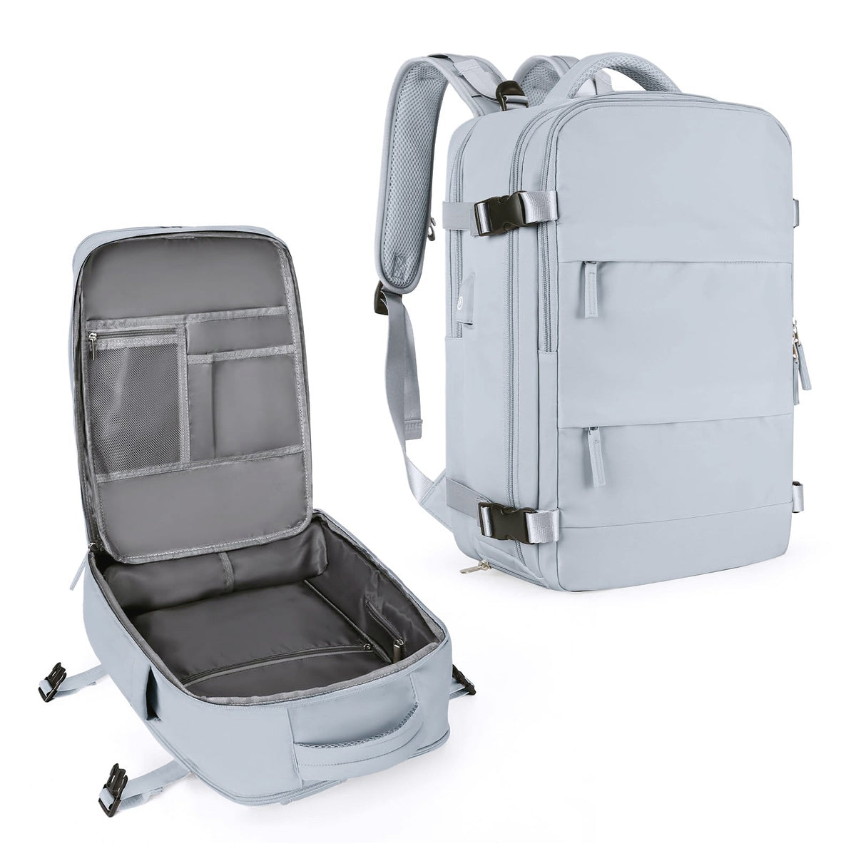 Light blue large travel backpack with front organizer pocket and open padded compartment
