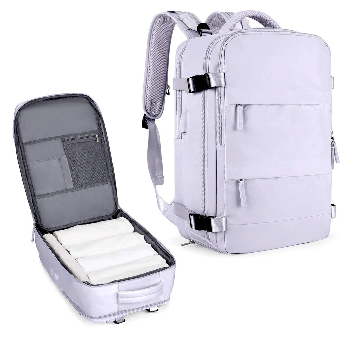 Lavender large travel backpack with front organizer pocket and open interior compartment