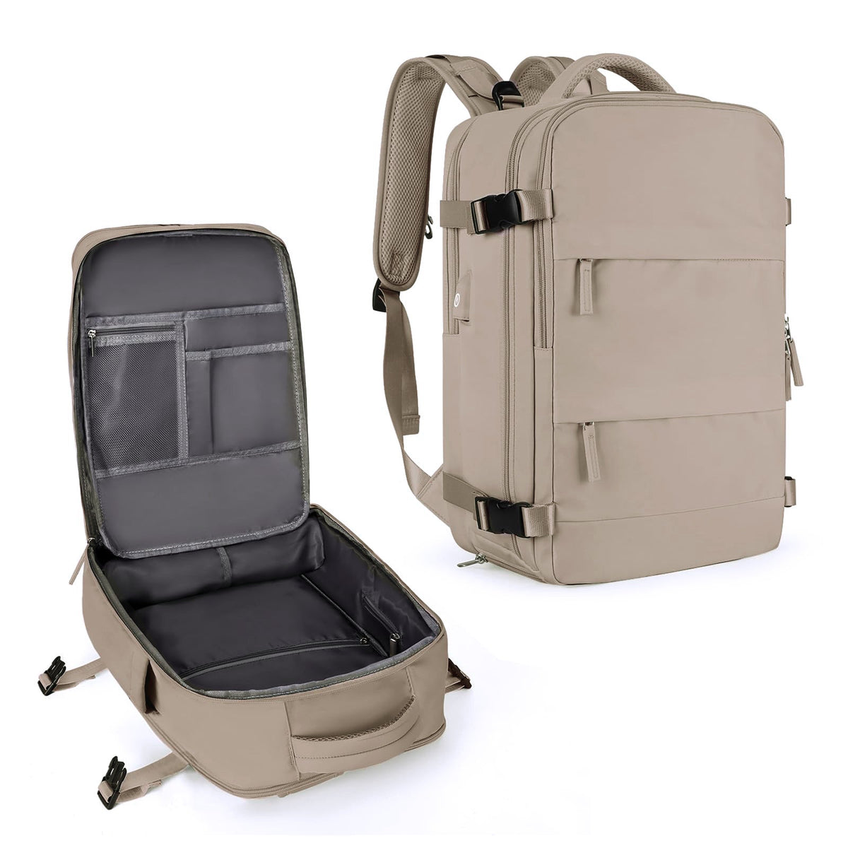Beige large travel backpack with front organizer pocket and open padded interior