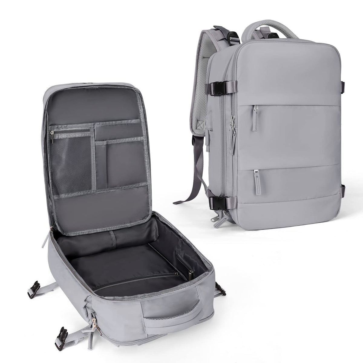 Gray large travel backpack with front organizer pocket and open interior compartment