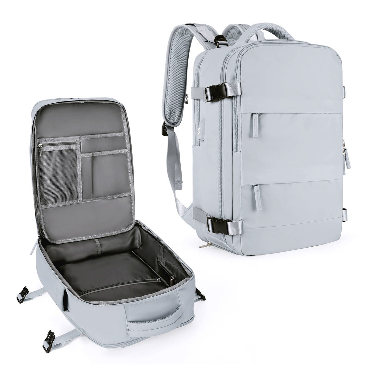 Light blue large travel backpack with front buckle strap and open compartment organizer