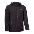 Black travel rain jacket with hood, full-zip front, and zip pockets