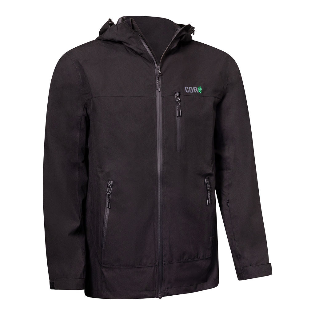 Black travel rain jacket with hood, full-zip front, and zip pockets