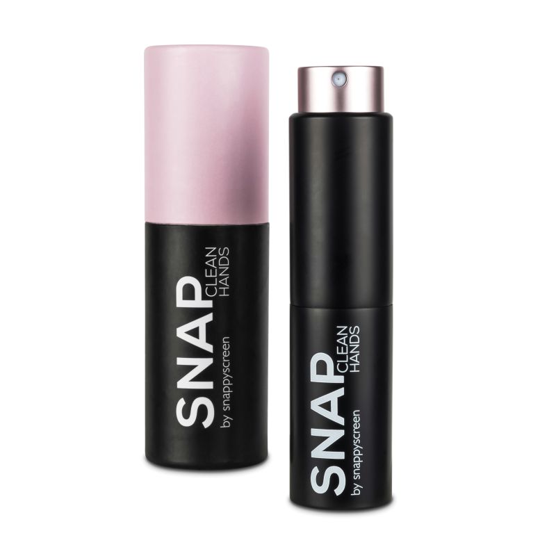 Travel sanitizer applicator set with light pink cap and black canister, spray pump