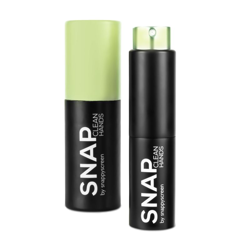 Travel sanitizer applicator set with lime green cap and black canister, spray pump