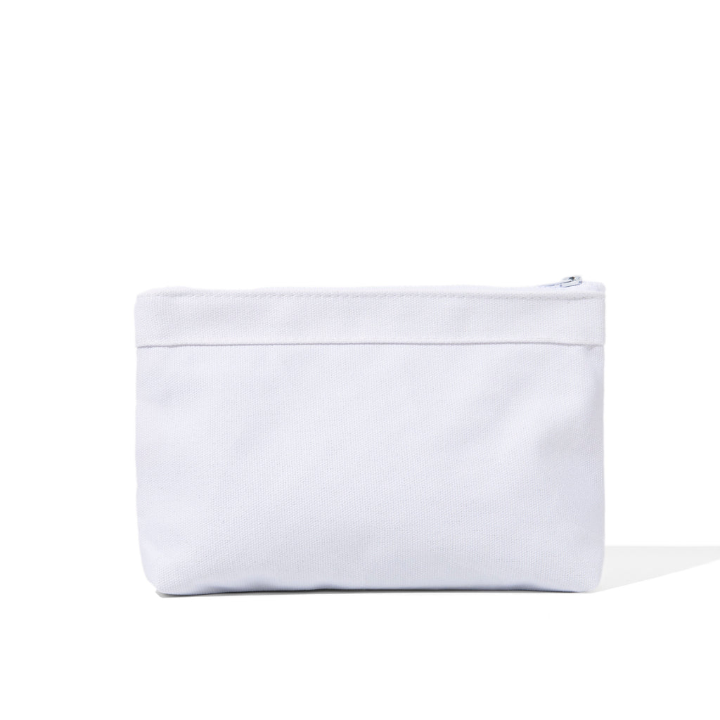 White zippered travel pouch with top zipper and small zipper pull