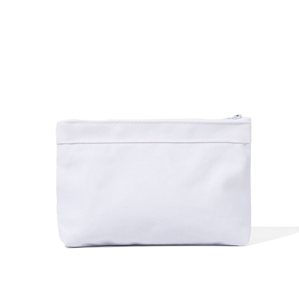 White zippered travel pouch with top zipper and small zipper pull