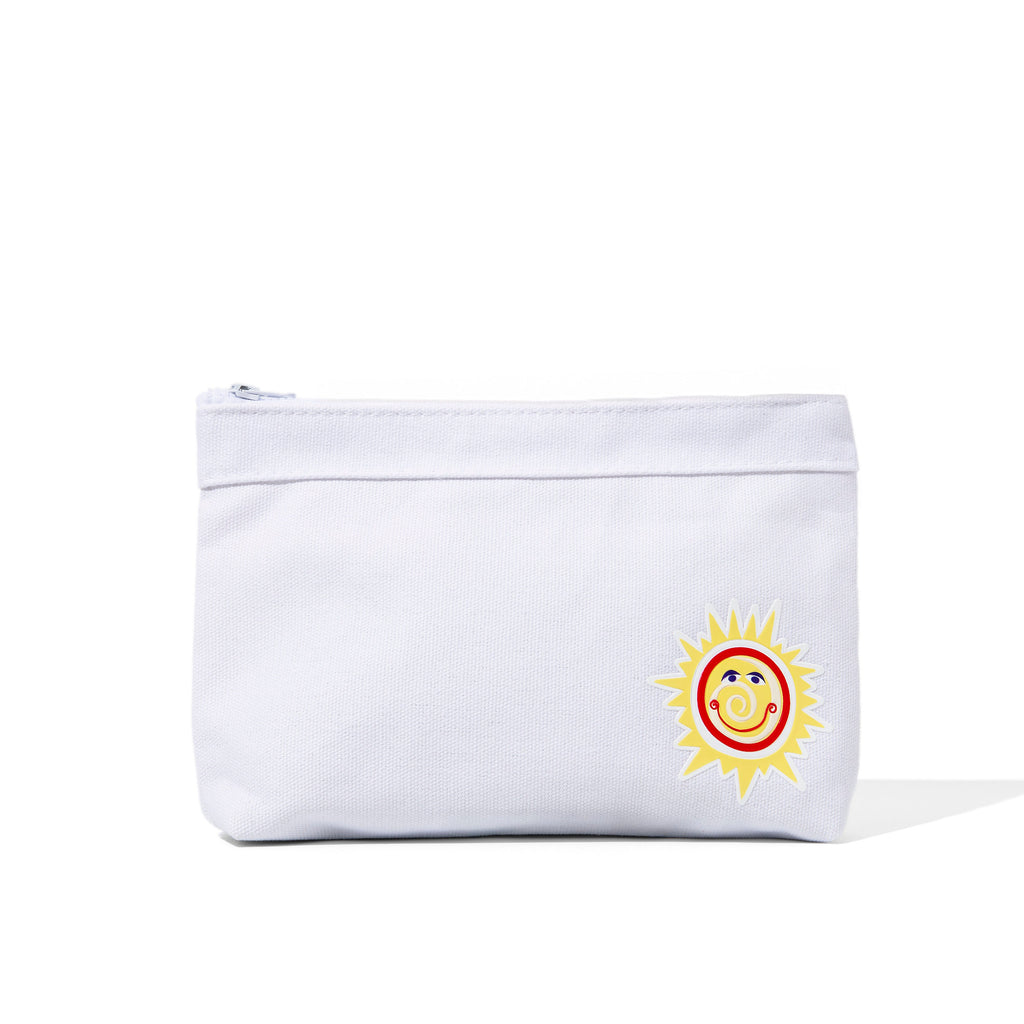 White zippered travel pouch with sun-face patch on the front