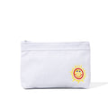 White zippered travel pouch with sun-face patch on the front