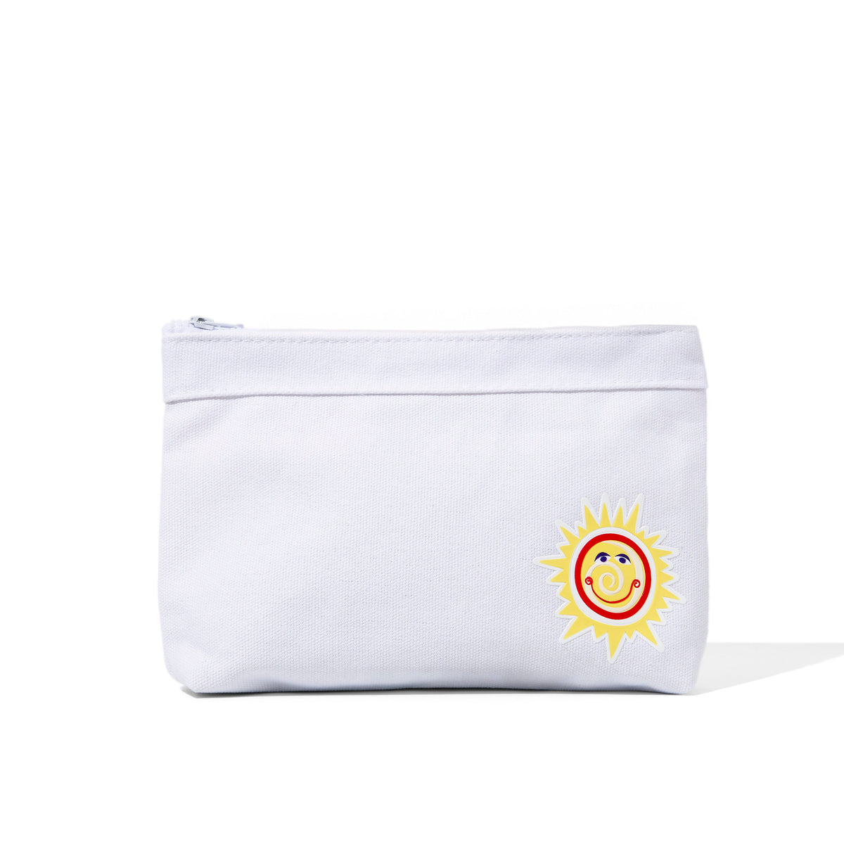 White zippered travel pouch with sun-face patch on the front