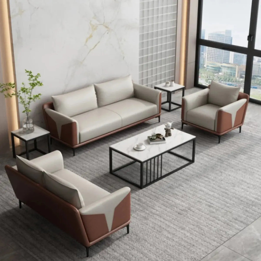 Beige lounge seating set with 3-seat sofa and armchair in matching upholstery and trim