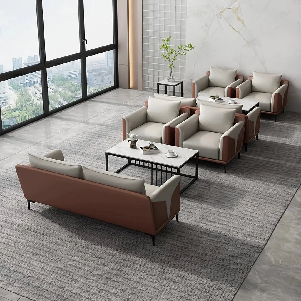 Beige conversation lounge seating set with sofa and armchairs around a square coffee table