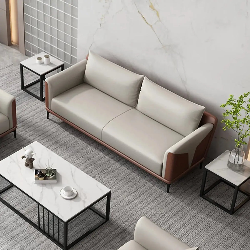 Beige 3-seat sofa with two back cushions and brown side accents
