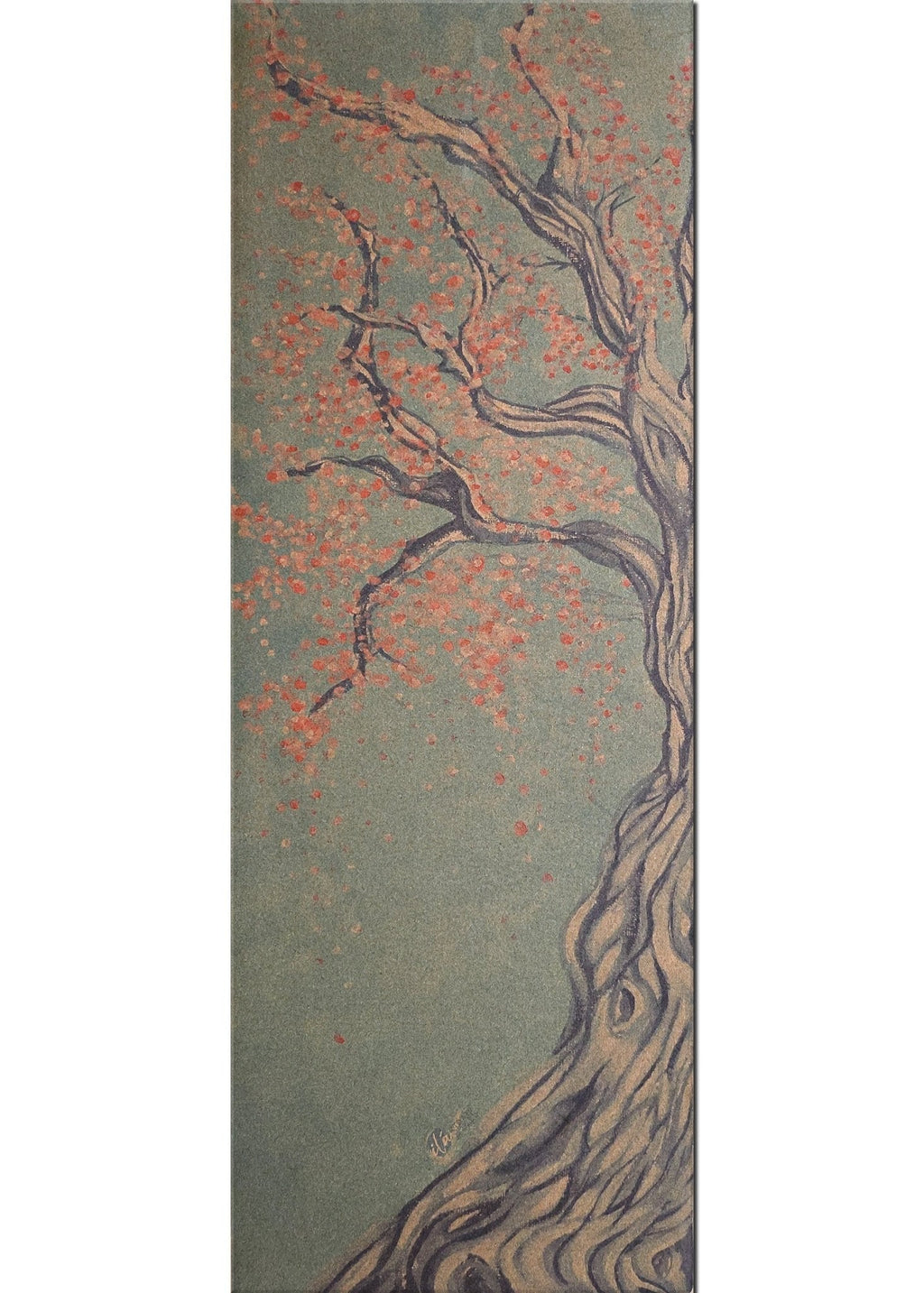 Cork yoga mat with a tree trunk, branches, and red blossoms